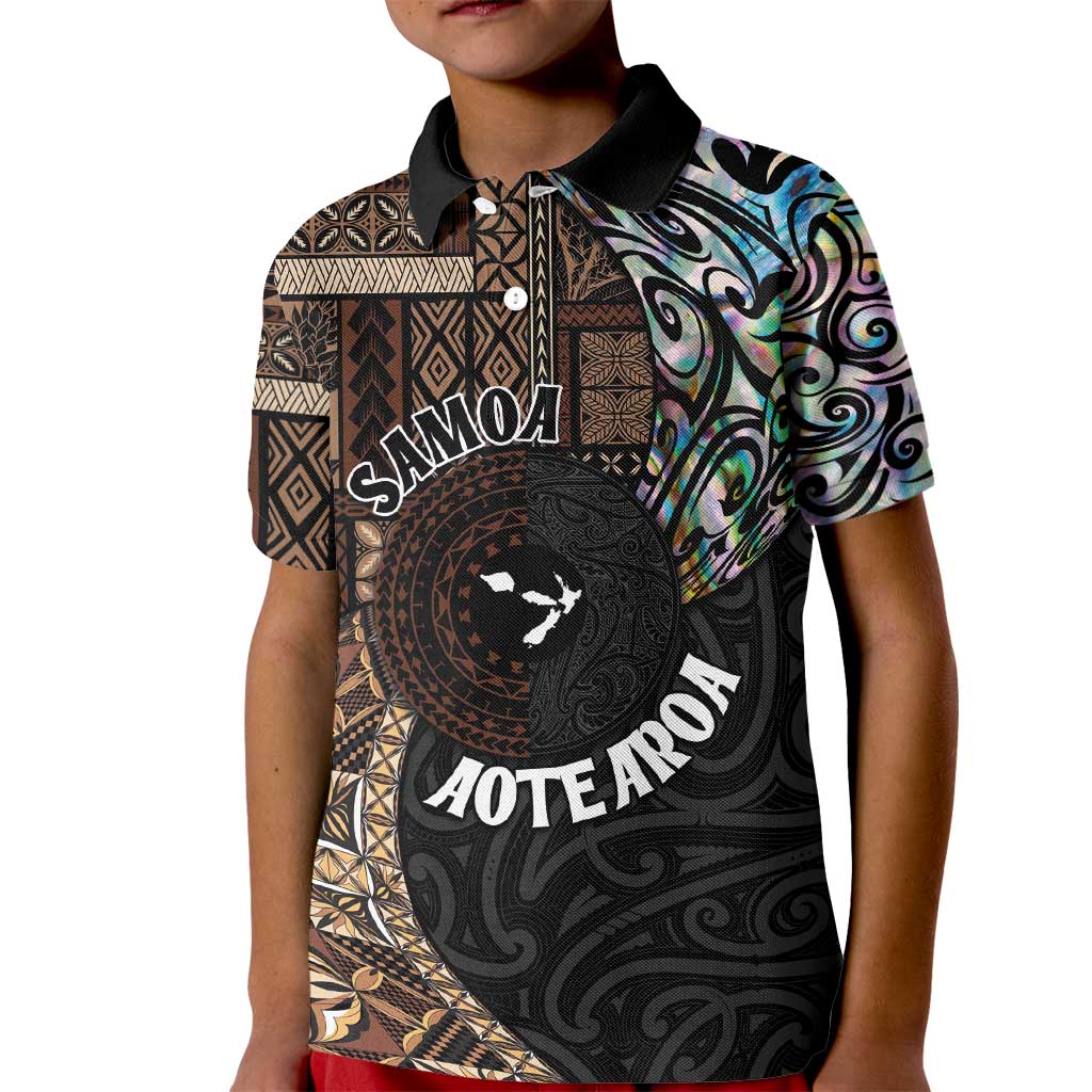 Samoa and New Zealand Together Kid Polo Shirt Siapo Motif and Maori Paua Shell Pattern