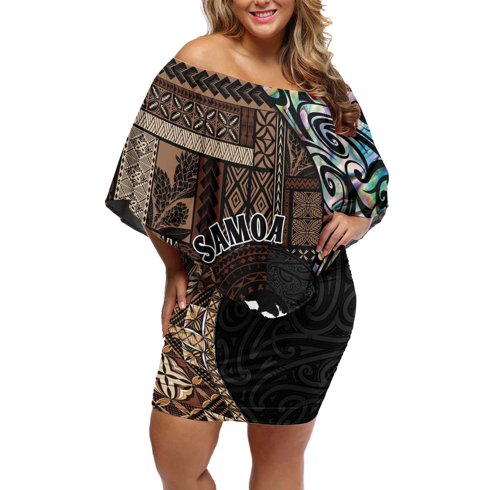 Samoa and New Zealand Together Off Shoulder Short Dress Siapo Motif and Maori Paua Shell Pattern LT03 Women Black - Polynesian Pride