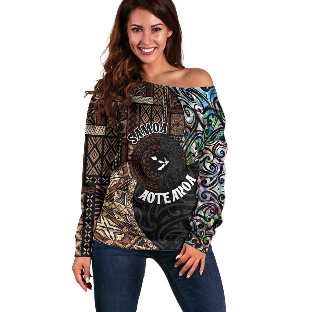 Samoa and New Zealand Together Off Shoulder Sweater Siapo Motif and Maori Paua Shell Pattern LT03 Women Black - Polynesian Pride
