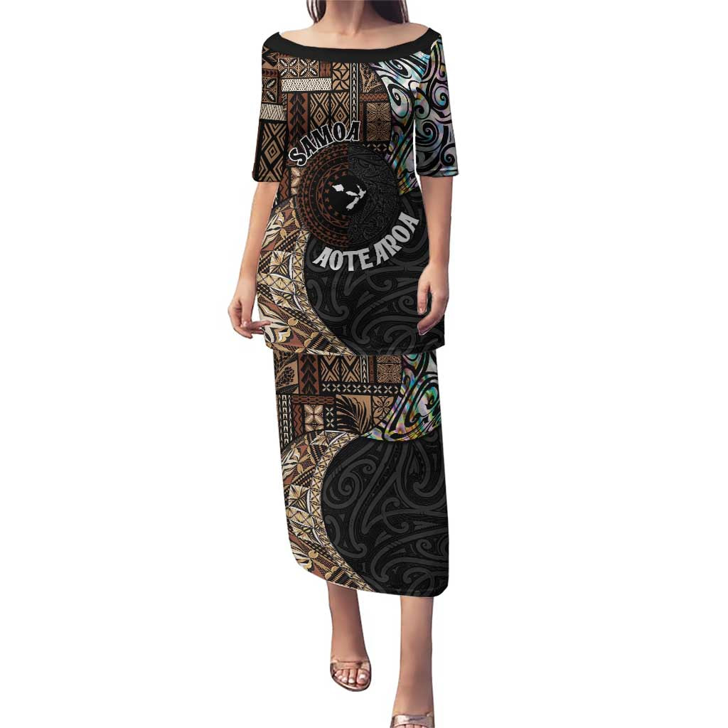 Samoa and New Zealand Together Puletasi Siapo Motif and Maori Paua Shell Pattern LT03 Long Dress Black - Polynesian Pride
