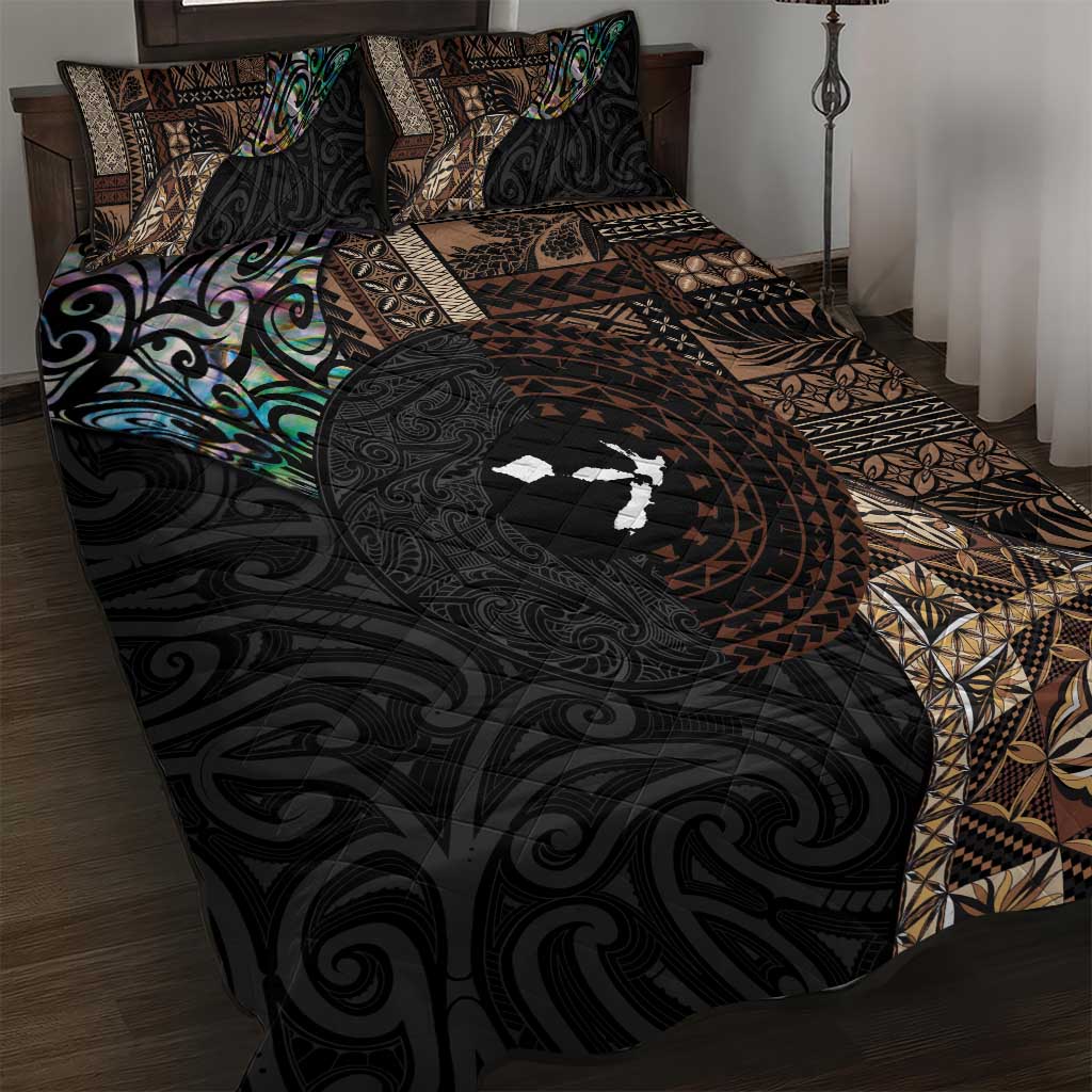 Samoa and New Zealand Together Quilt Bed Set Siapo Motif and Maori Paua Shell Pattern LT03 Black - Polynesian Pride