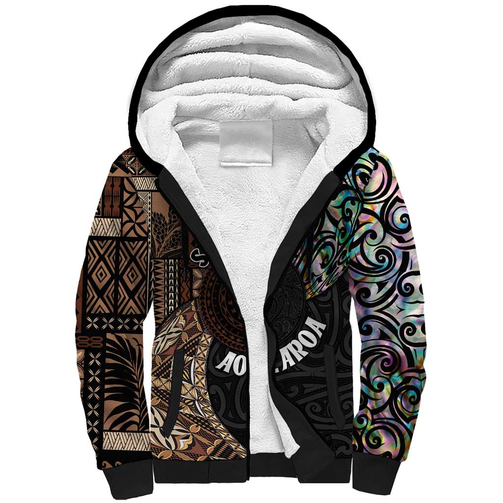 Samoa and New Zealand Together Sherpa Hoodie Siapo Motif and Maori Paua Shell Pattern LT03 Unisex Black - Polynesian Pride
