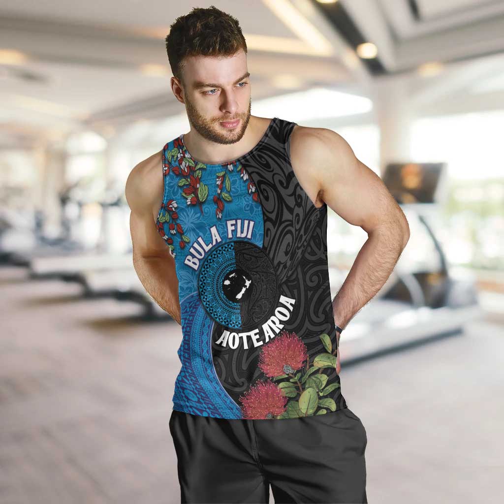 Fiji and New Zealand Together Men Tank Top Tapa Maori Tattoo mix Tagimoucia and Pohutukawa LT03 Black - Polynesian Pride