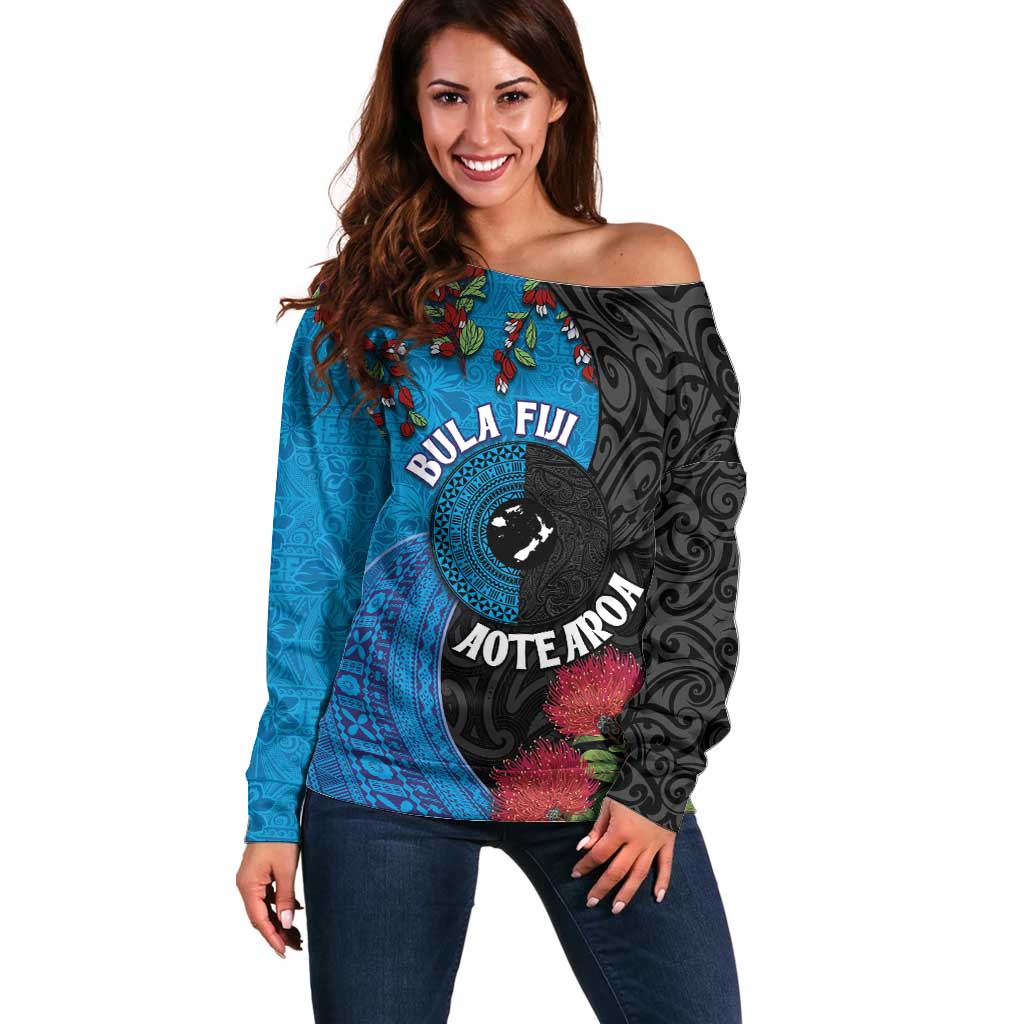 Fiji and New Zealand Together Off Shoulder Sweater Tapa Maori Tattoo mix Tagimoucia and Pohutukawa LT03 Women Black - Polynesian Pride