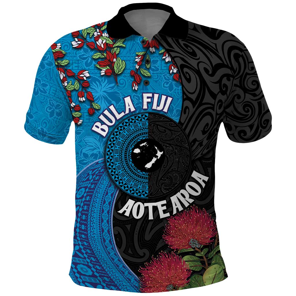 Fiji and New Zealand Together Polo Shirt Tapa Maori Tattoo mix Tagimoucia and Pohutukawa