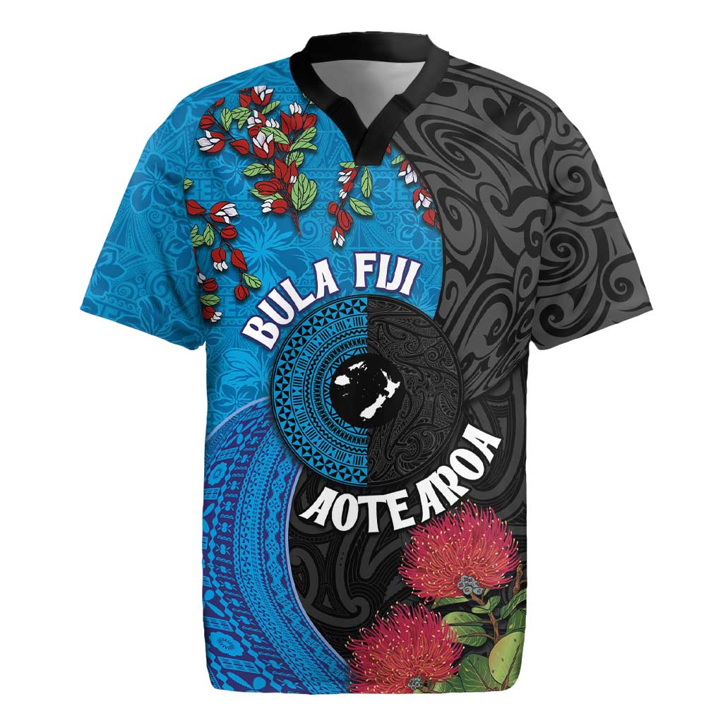 Fiji and New Zealand Together Rugby Jersey Tapa Maori Tattoo mix Tagimoucia and Pohutukawa LT03 Black - Polynesian Pride