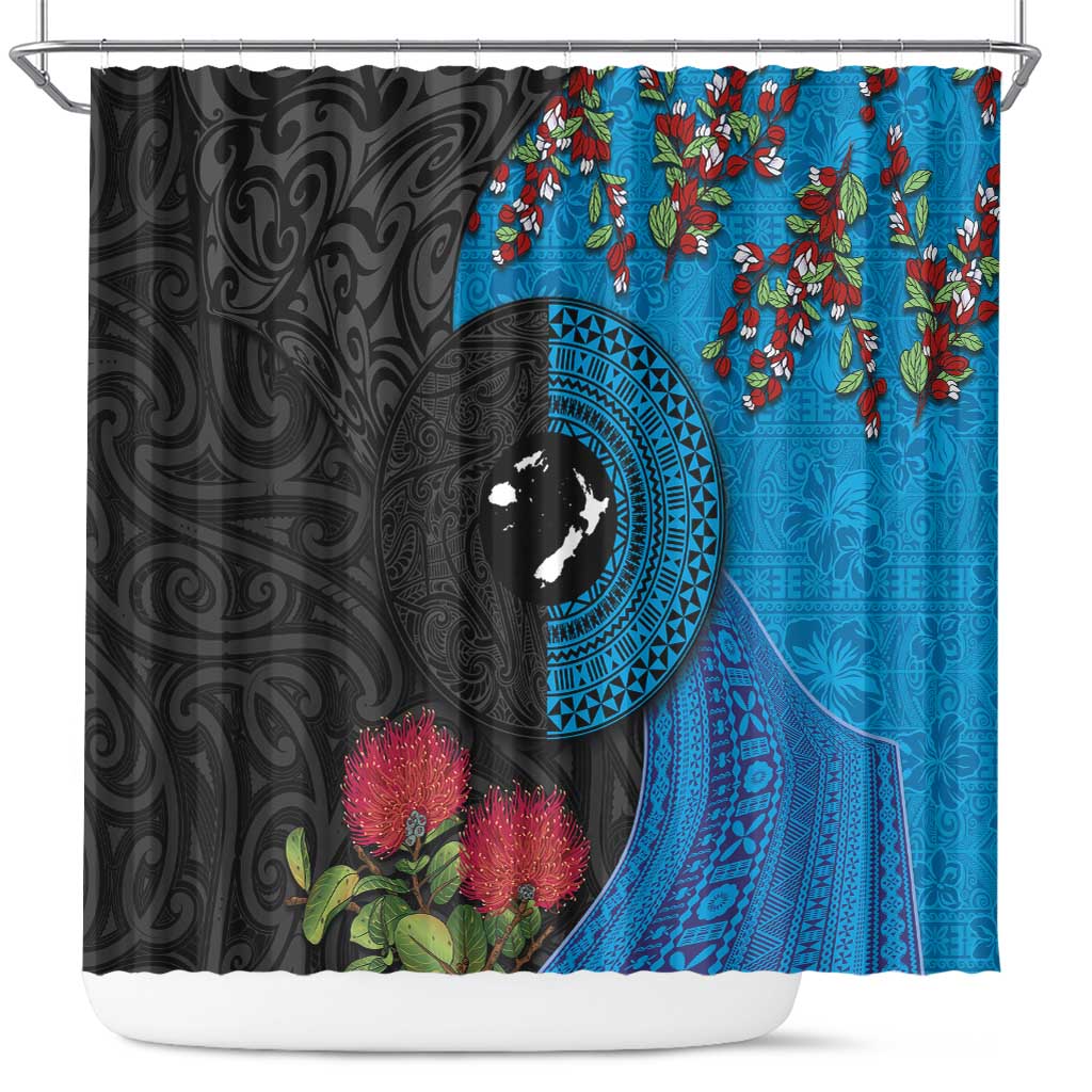 Fiji and New Zealand Together Shower Curtain Tapa Maori Tattoo mix Tagimoucia and Pohutukawa LT03 Black - Polynesian Pride