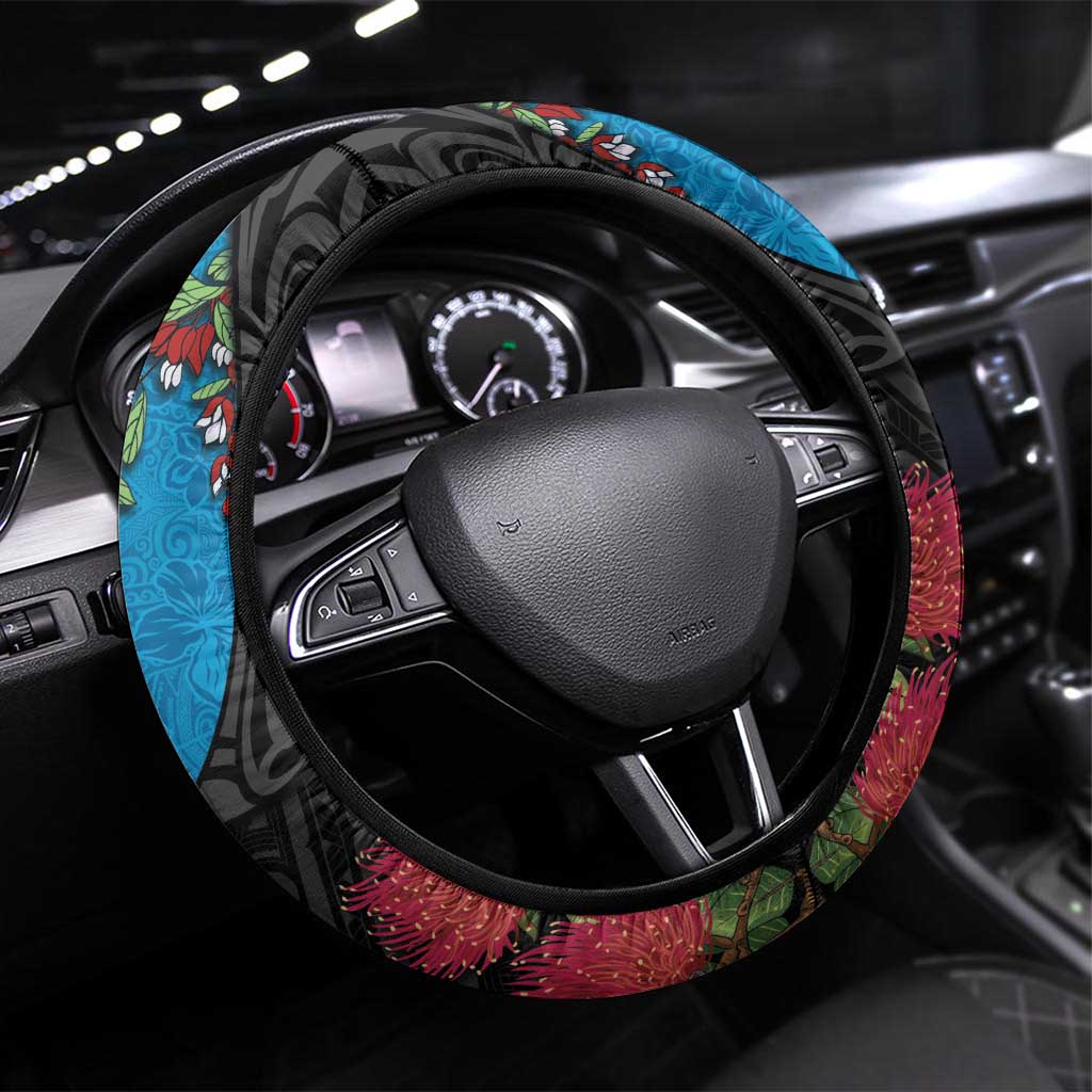 Fiji and New Zealand Together Steering Wheel Cover Tapa Maori Tattoo mix Tagimoucia and Pohutukawa