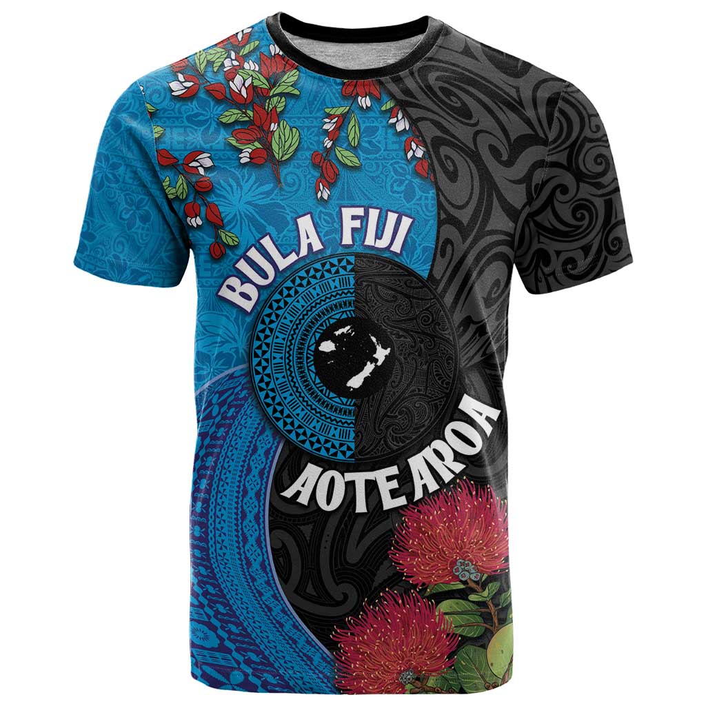 Fiji and New Zealand Together T Shirt Tapa Maori Tattoo mix Tagimoucia and Pohutukawa LT03 Black - Polynesian Pride