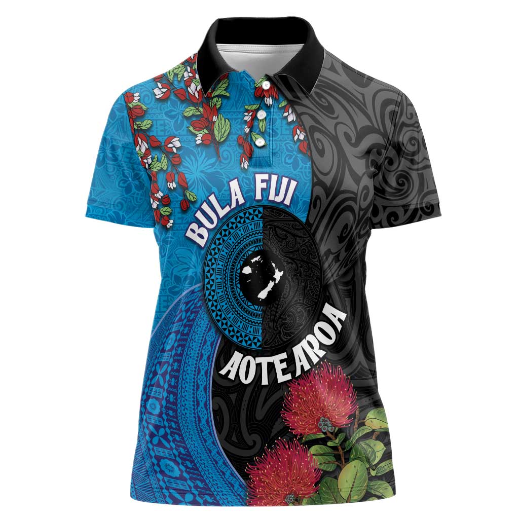 Fiji and New Zealand Together Women Polo Shirt Tapa Maori Tattoo mix Tagimoucia and Pohutukawa