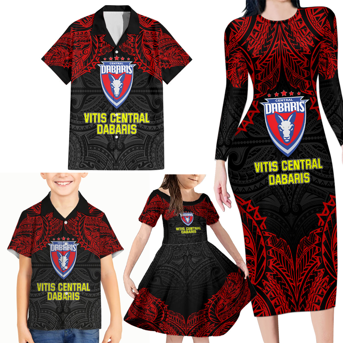 Vitis Central Dabaris Rugby Family Matching Long Sleeve Bodycon Dress and Hawaiian Shirt Papua New Guinea Polynesian Tattoo LT03 - Polynesian Pride