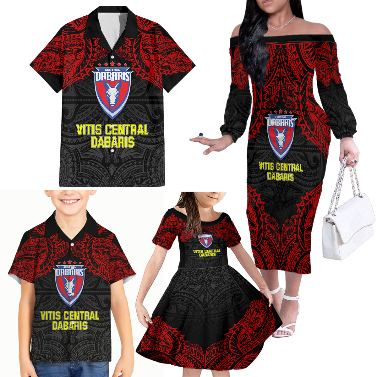 Vitis Central Dabaris Rugby Family Matching Off Shoulder Long Sleeve Dress and Hawaiian Shirt Papua New Guinea Polynesian Tattoo LT03 - Polynesian Pride