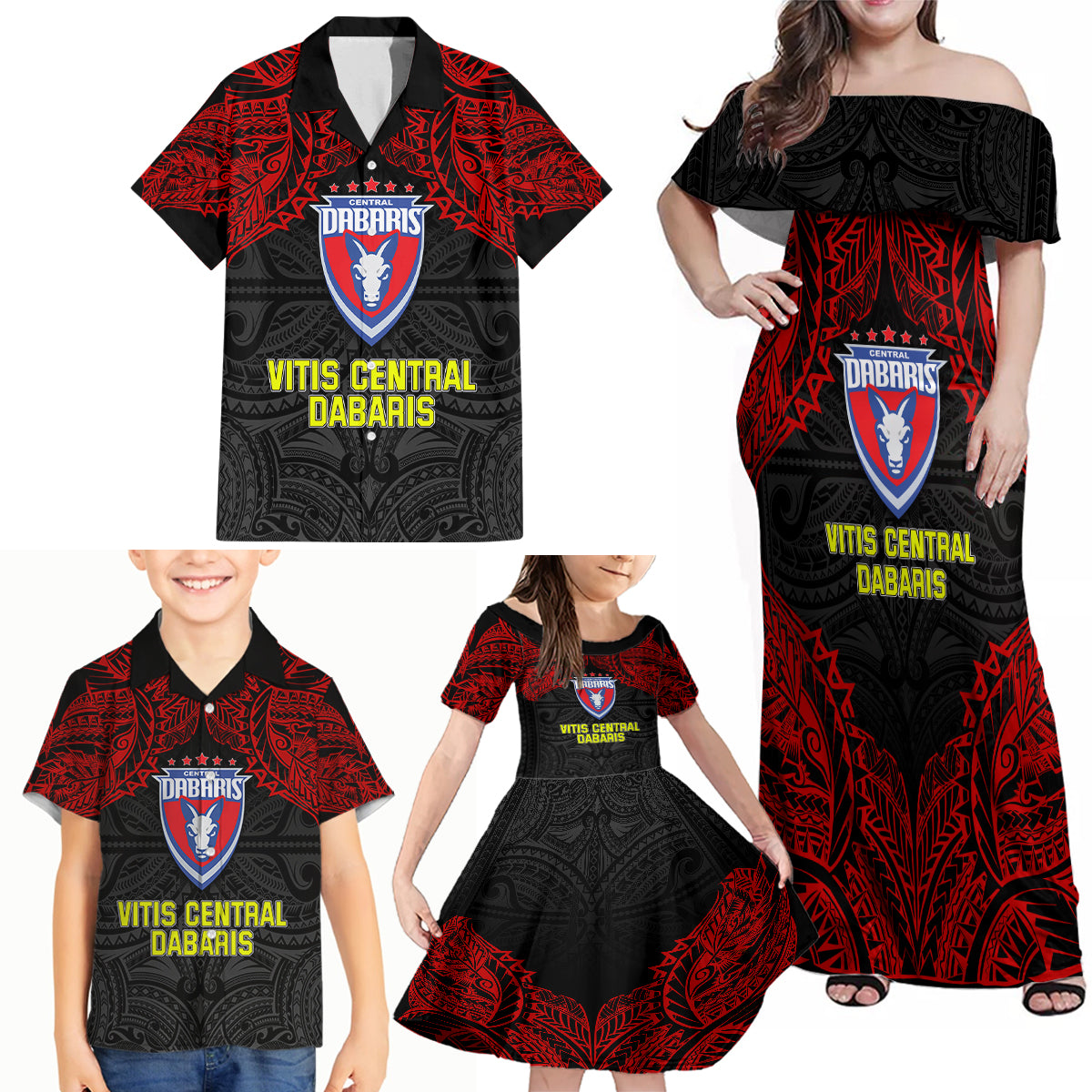 Vitis Central Dabaris Rugby Family Matching Off Shoulder Maxi Dress and Hawaiian Shirt Papua New Guinea Polynesian Tattoo LT03 - Polynesian Pride