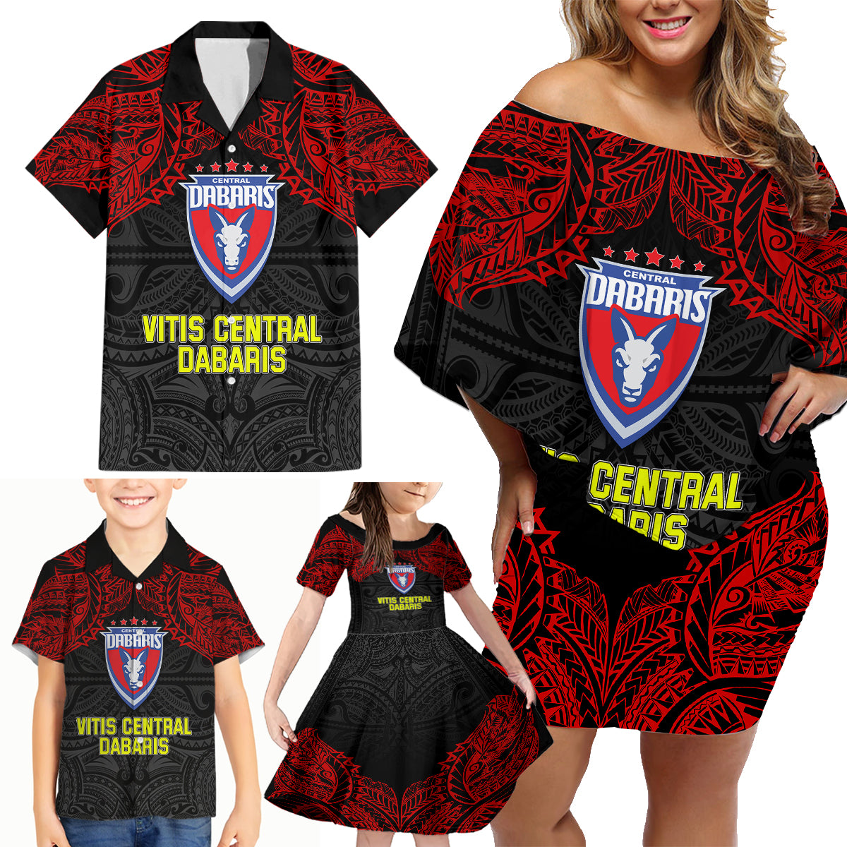 Custom Vitis Central Dabaris Rugby Family Matching Off Shoulder Short Dress and Hawaiian Shirt Papua New Guinea Polynesian Tattoo LT03 - Polynesian Pride