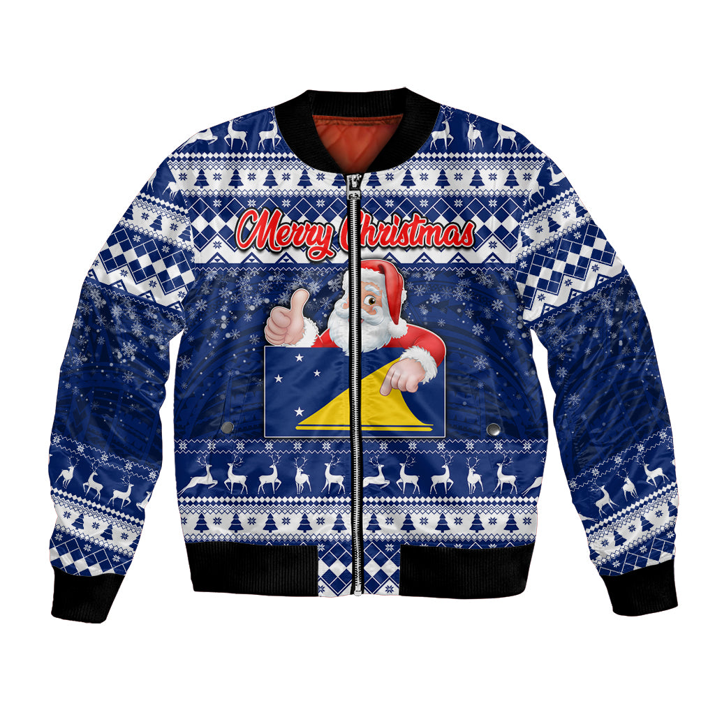 Tokelau Christmas Bomber Jacket Santa Claus Tokelau Flag and Coat of Arms with Polynesian Pattern LT03 Unisex Blue - Polynesian Pride