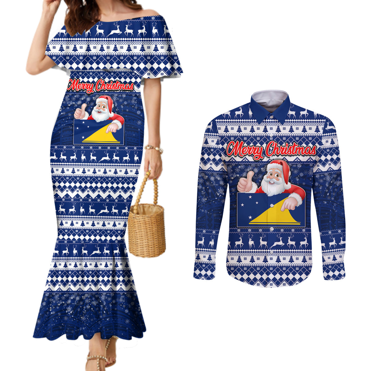 Tokelau Christmas Couples Matching Mermaid Dress and Long Sleeve Button Shirt Santa Claus Tokelau Flag and Coat of Arms with Polynesian Pattern LT03 Blue - Polynesian Pride