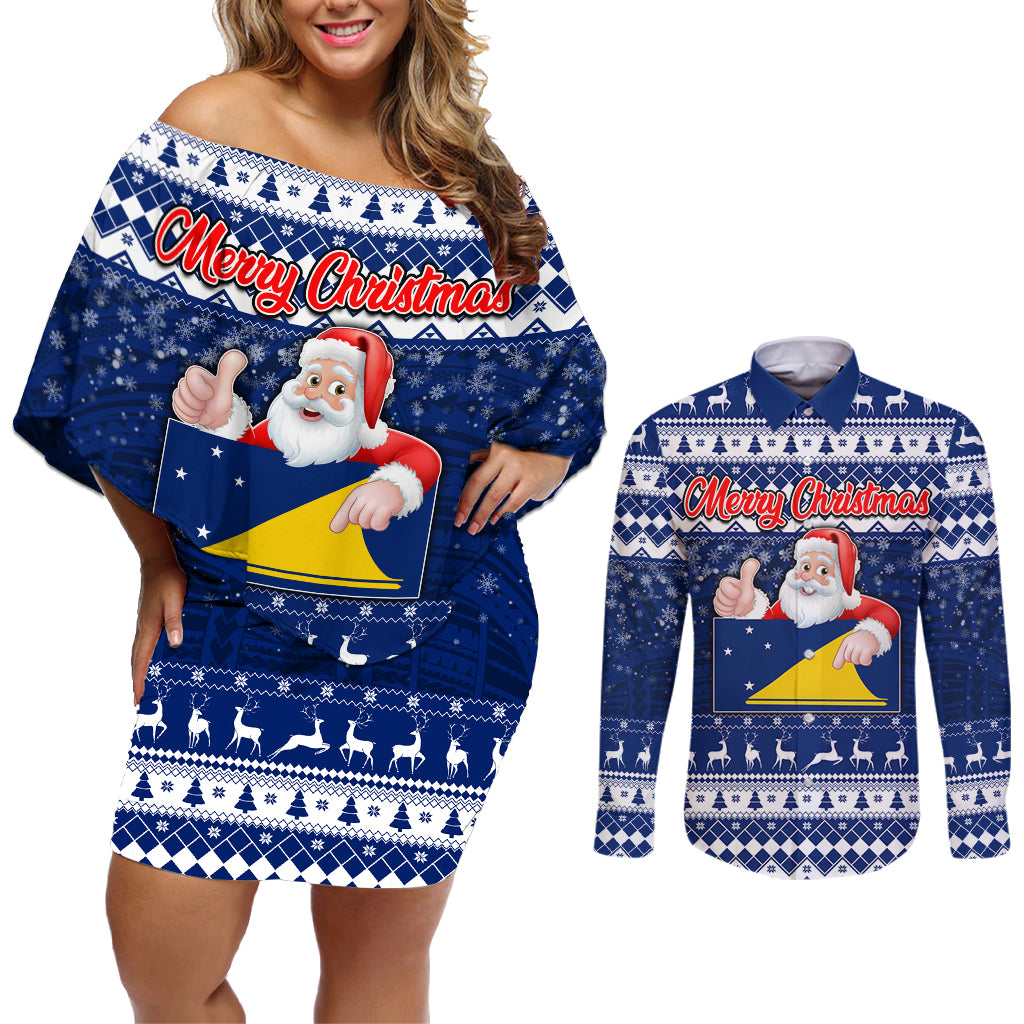 Tokelau Christmas Couples Matching Off Shoulder Short Dress and Long Sleeve Button Shirt Santa Claus Tokelau Flag and Coat of Arms with Polynesian Pattern LT03 Blue - Polynesian Pride