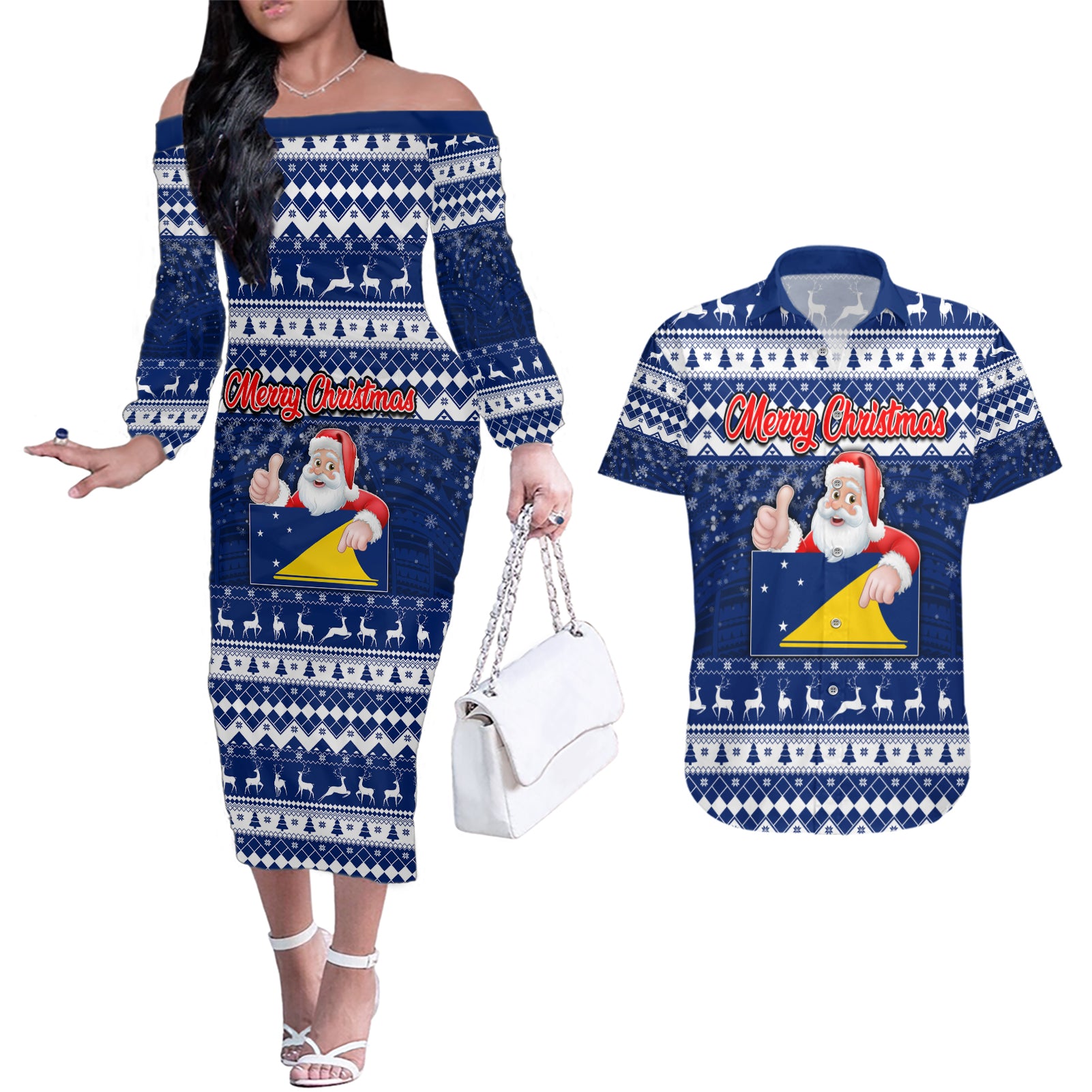 Tokelau Christmas Couples Matching Off The Shoulder Long Sleeve Dress and Hawaiian Shirt Santa Claus Tokelau Flag and Coat of Arms with Polynesian Pattern LT03 Blue - Polynesian Pride