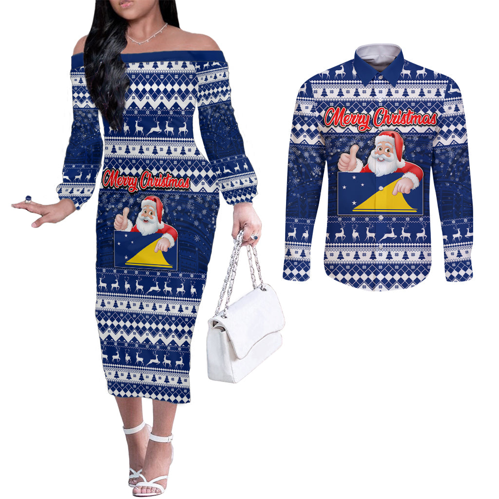 Tokelau Christmas Couples Matching Off The Shoulder Long Sleeve Dress and Long Sleeve Button Shirt Santa Claus Tokelau Flag and Coat of Arms with Polynesian Pattern LT03 Blue - Polynesian Pride