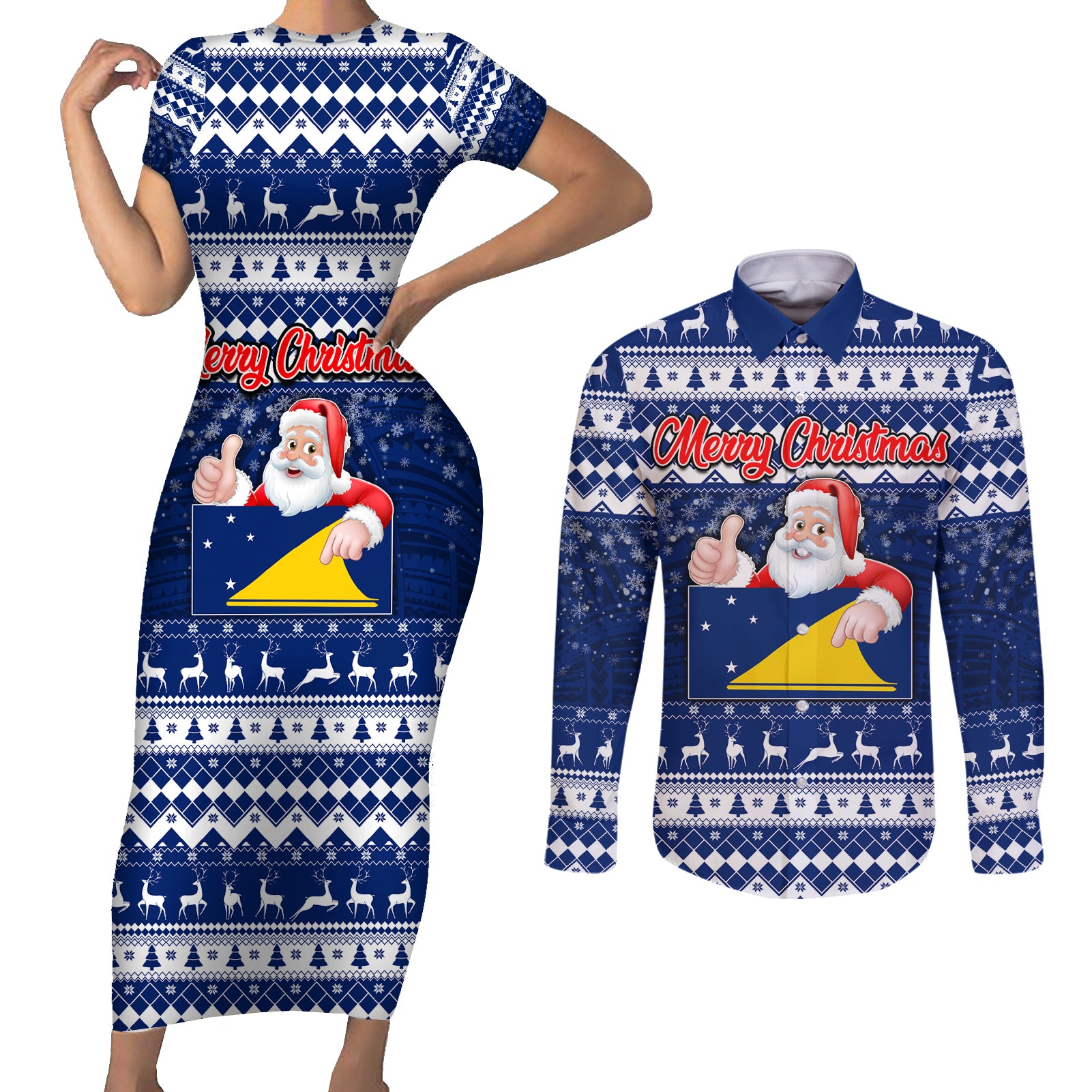 Tokelau Christmas Couples Matching Short Sleeve Bodycon Dress and Long Sleeve Button Shirt Santa Claus Tokelau Flag and Coat of Arms with Polynesian Pattern LT03 Blue - Polynesian Pride