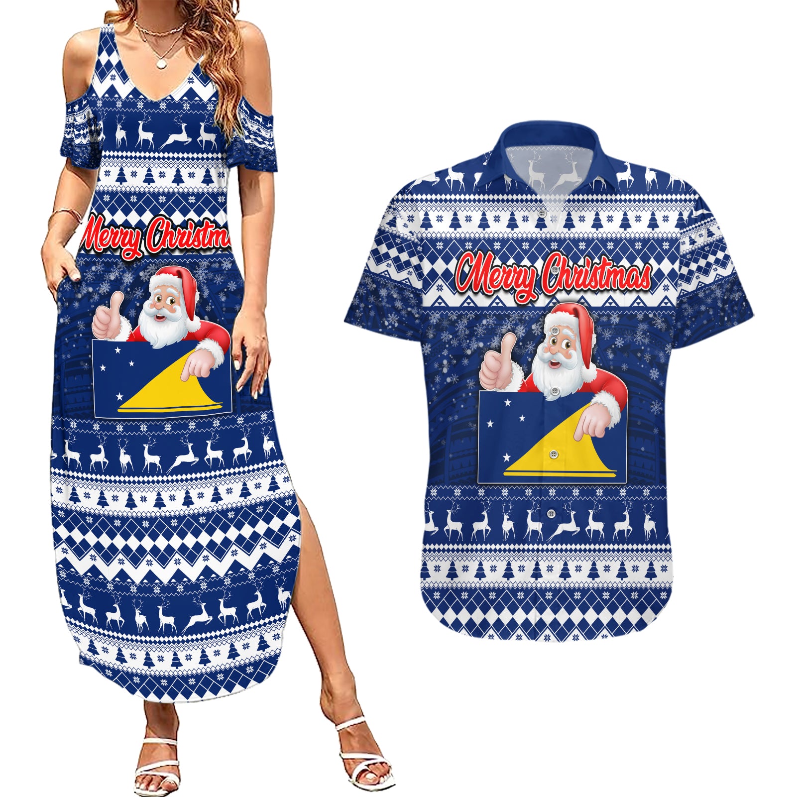 Tokelau Christmas Couples Matching Summer Maxi Dress and Hawaiian Shirt Santa Claus Tokelau Flag and Coat of Arms with Polynesian Pattern LT03 Blue - Polynesian Pride