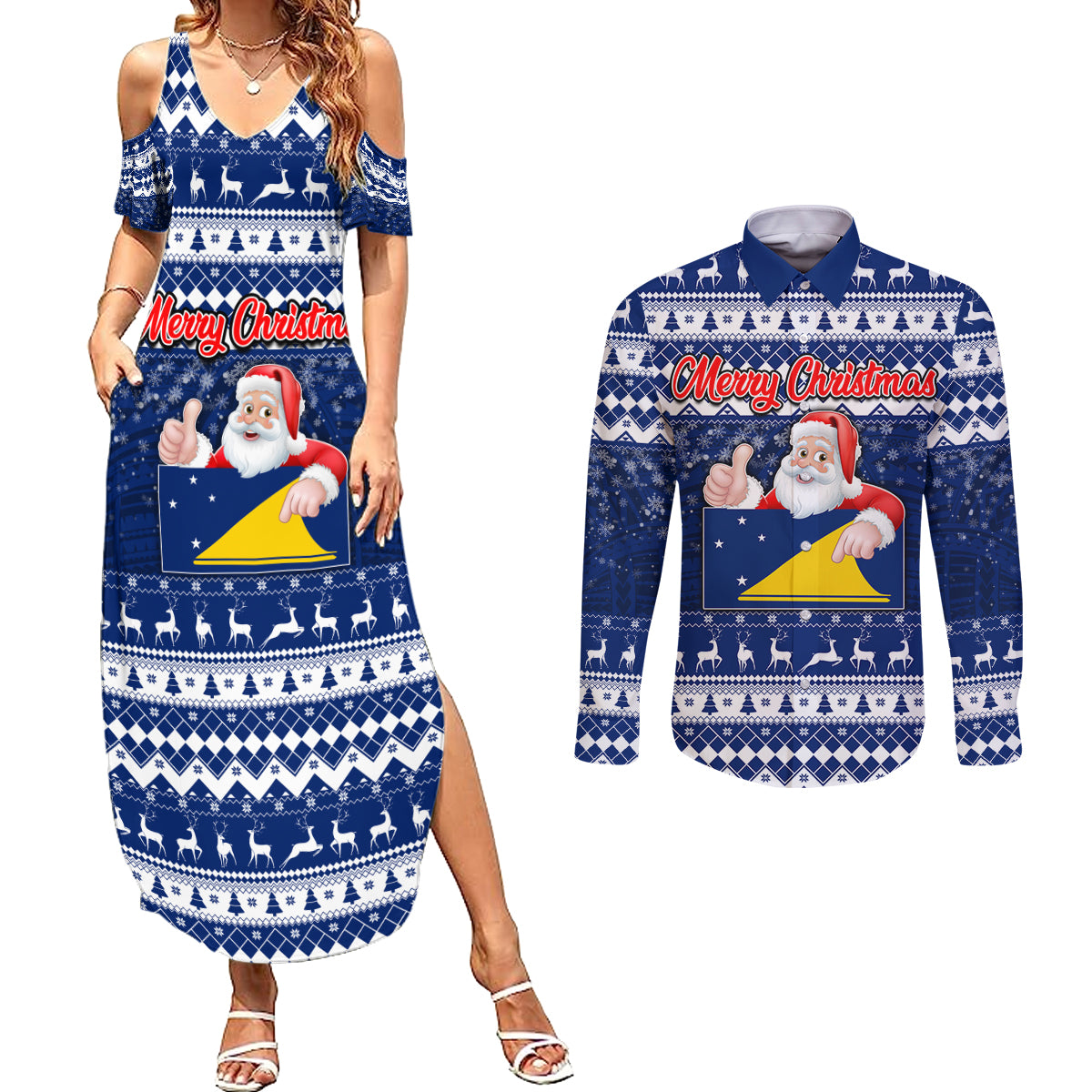 Tokelau Christmas Couples Matching Summer Maxi Dress and Long Sleeve Button Shirt Santa Claus Tokelau Flag and Coat of Arms with Polynesian Pattern LT03 Blue - Polynesian Pride