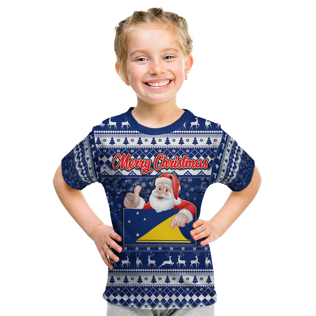 Tokelau Christmas Kid T Shirt Santa Claus Tokelau Flag and Coat of Arms with Polynesian Pattern LT03 Blue - Polynesian Pride