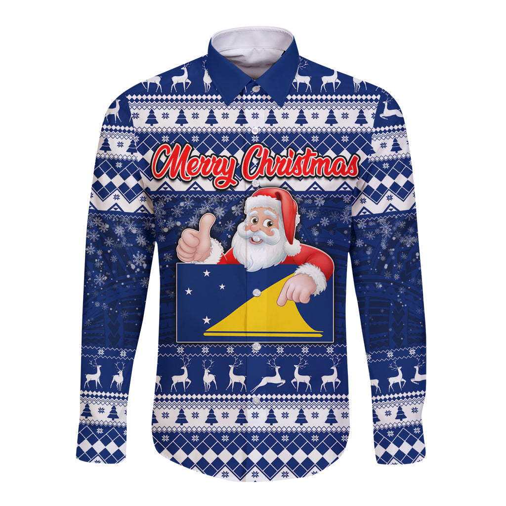 Tokelau Christmas Long Sleeve Button Shirt Santa Claus Tokelau Flag and Coat of Arms with Polynesian Pattern LT03 Unisex Blue - Polynesian Pride