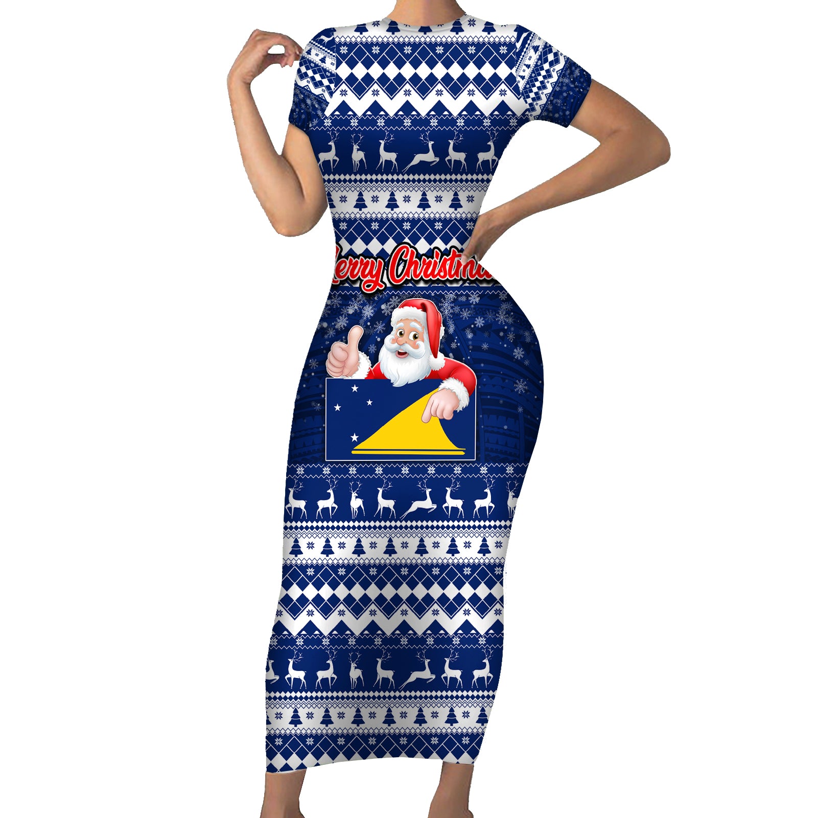 Tokelau Christmas Short Sleeve Bodycon Dress Santa Claus Tokelau Flag and Coat of Arms with Polynesian Pattern LT03 Long Dress Blue - Polynesian Pride