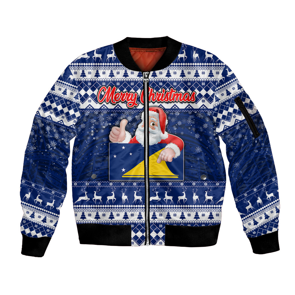 Tokelau Christmas Sleeve Zip Bomber Jacket Santa Claus Tokelau Flag and Coat of Arms with Polynesian Pattern LT03 Unisex Blue - Polynesian Pride