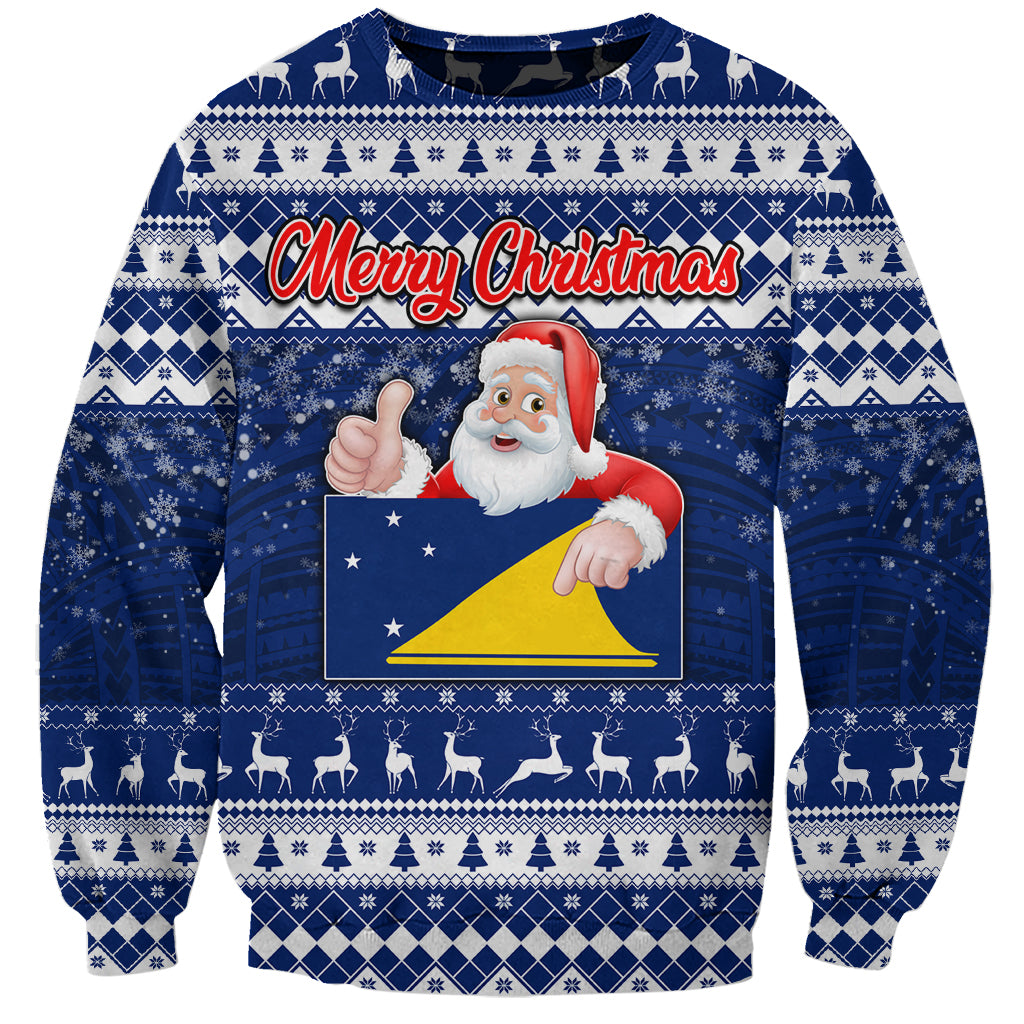 Tokelau Christmas Sweatshirt Santa Claus Tokelau Flag and Coat of Arms with Polynesian Pattern LT03 Unisex Blue - Polynesian Pride