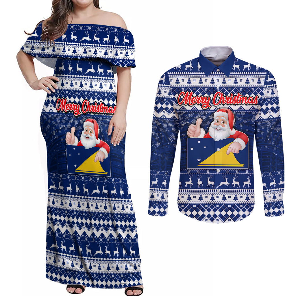 Personalised Tokelau Christmas Couples Matching Off Shoulder Maxi Dress and Long Sleeve Button Shirt Santa Claus Tokelau Flag and Coat of Arms with Polynesian Pattern LT03 Blue - Polynesian Pride