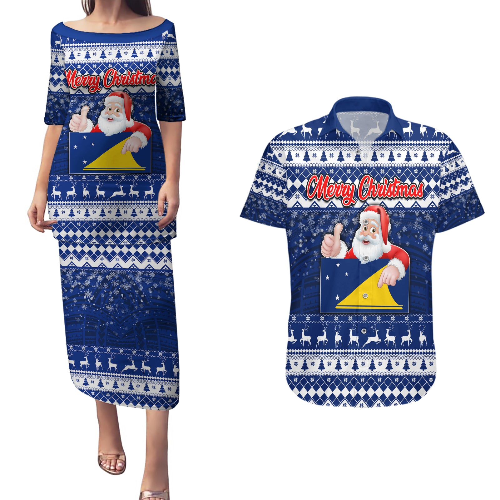 Personalised Tokelau Christmas Couples Matching Puletasi Dress and Hawaiian Shirt Santa Claus Tokelau Flag and Coat of Arms with Polynesian Pattern LT03 Blue - Polynesian Pride