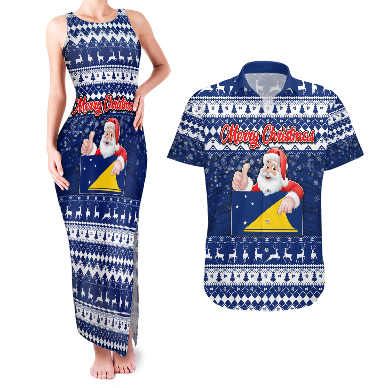 Personalised Tokelau Christmas Couples Matching Tank Maxi Dress and Hawaiian Shirt Santa Claus Tokelau Flag and Coat of Arms with Polynesian Pattern LT03 Blue - Polynesian Pride