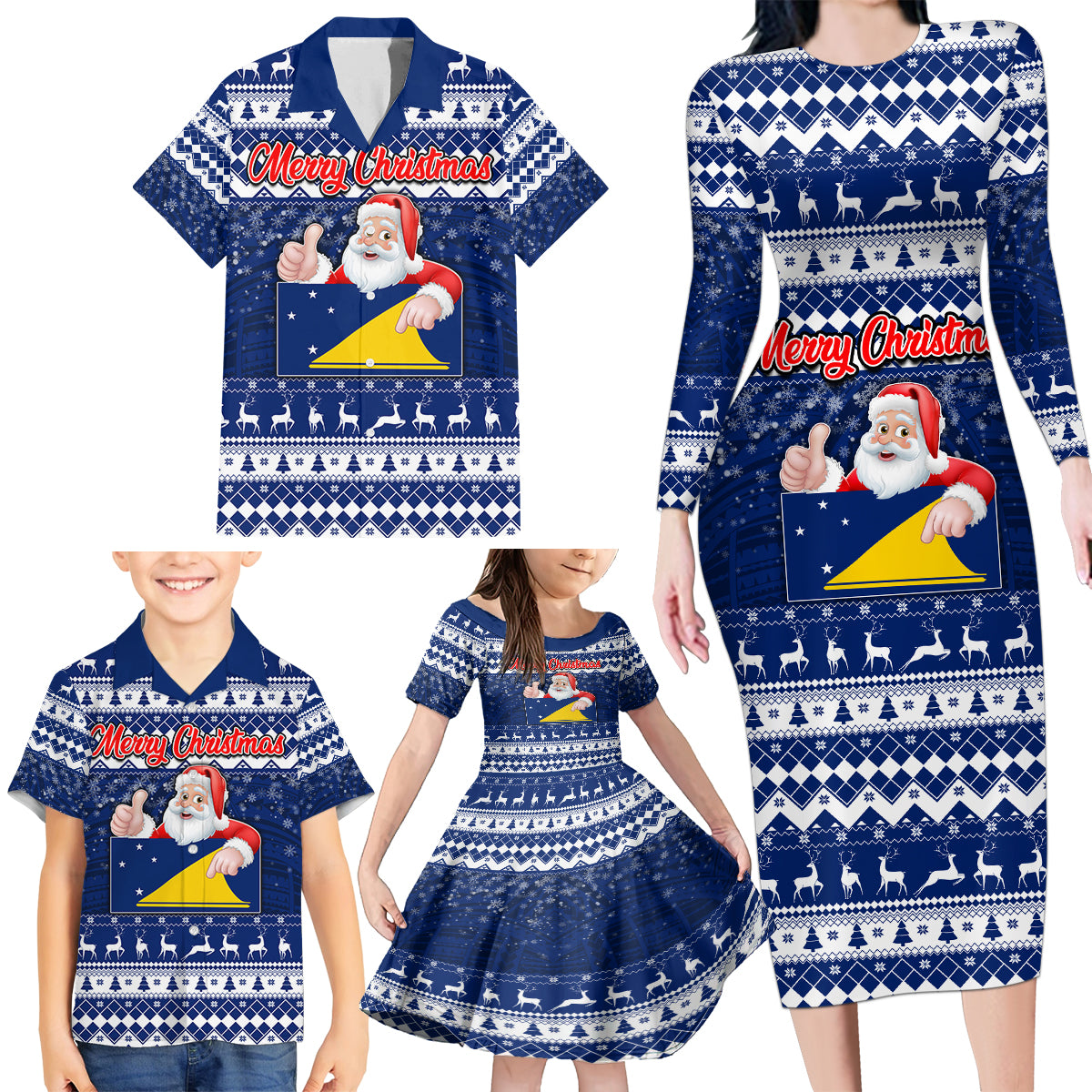 Personalised Tokelau Christmas Family Matching Long Sleeve Bodycon Dress and Hawaiian Shirt Santa Claus Tokelau Flag and Coat of Arms with Polynesian Pattern LT03 - Polynesian Pride