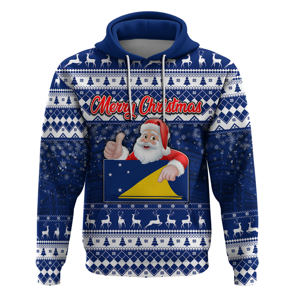 Personalised Tokelau Christmas Hoodie Santa Claus Tokelau Flag and Coat of Arms with Polynesian Pattern LT03 Blue - Polynesian Pride