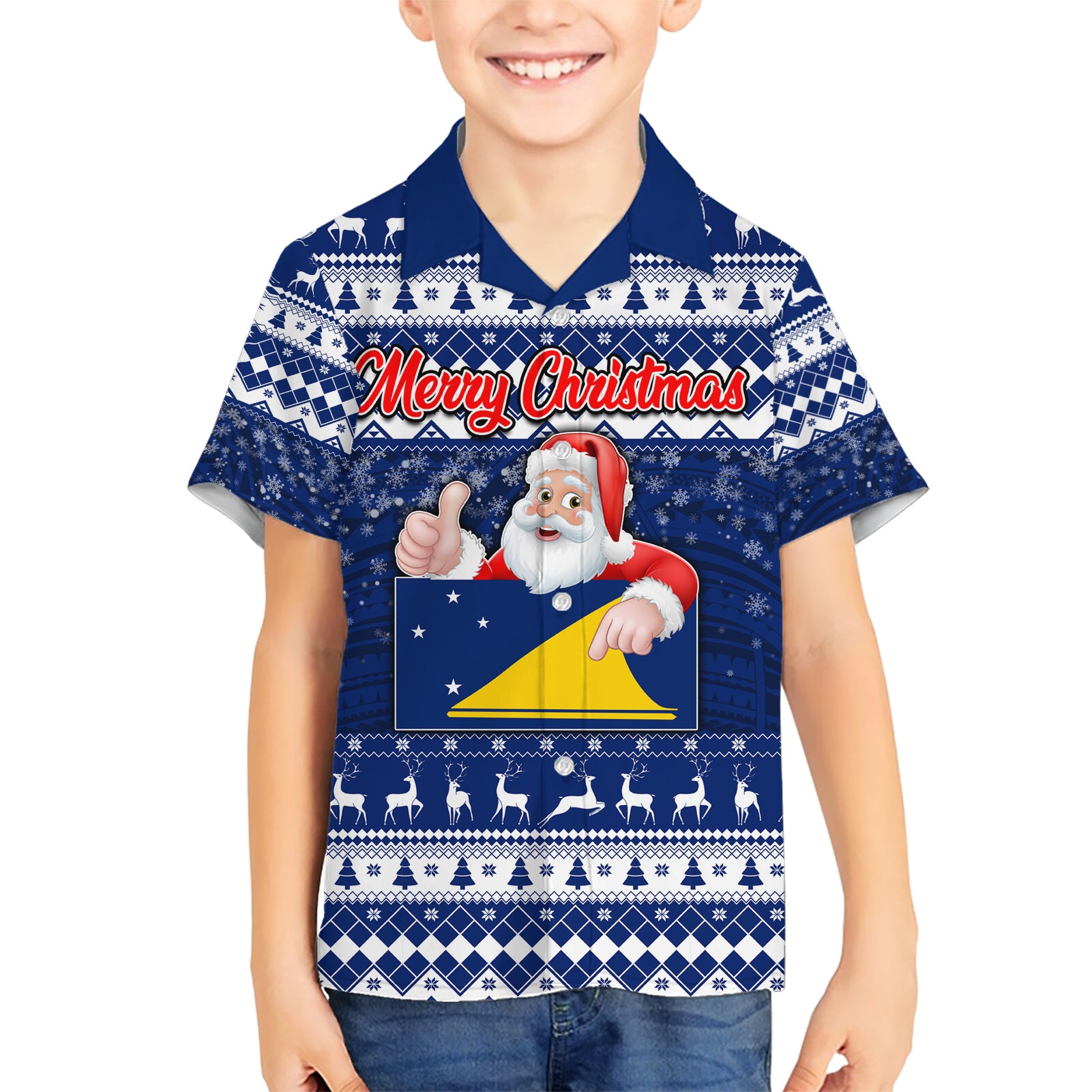 Personalised Tokelau Christmas Kid Hawaiian Shirt Santa Claus Tokelau Flag and Coat of Arms with Polynesian Pattern LT03 Kid Blue - Polynesian Pride