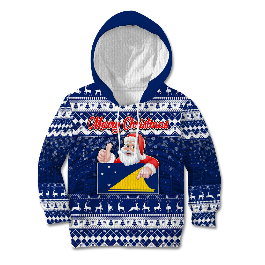 Personalised Tokelau Christmas Kid Hoodie Santa Claus Tokelau Flag and Coat of Arms with Polynesian Pattern LT03 Hoodie Blue - Polynesian Pride