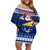 Personalised Tokelau Christmas Off Shoulder Short Dress Santa Claus Tokelau Flag and Coat of Arms with Polynesian Pattern LT03 Women Blue - Polynesian Pride