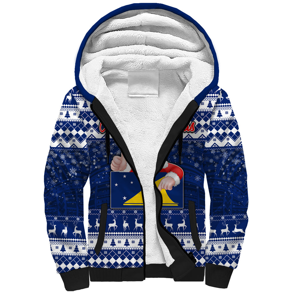 Personalised Tokelau Christmas Sherpa Hoodie Santa Claus Tokelau Flag and Coat of Arms with Polynesian Pattern LT03 Unisex Blue - Polynesian Pride