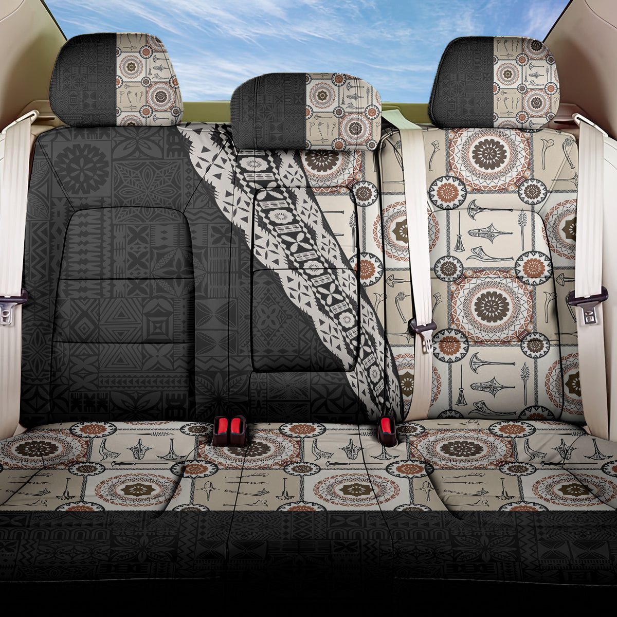 Tukenny Pattern Fijian War Clubs Mix Tapa Tribal Back Car Seat Cover LT03 One Size Beige - Polynesian Pride