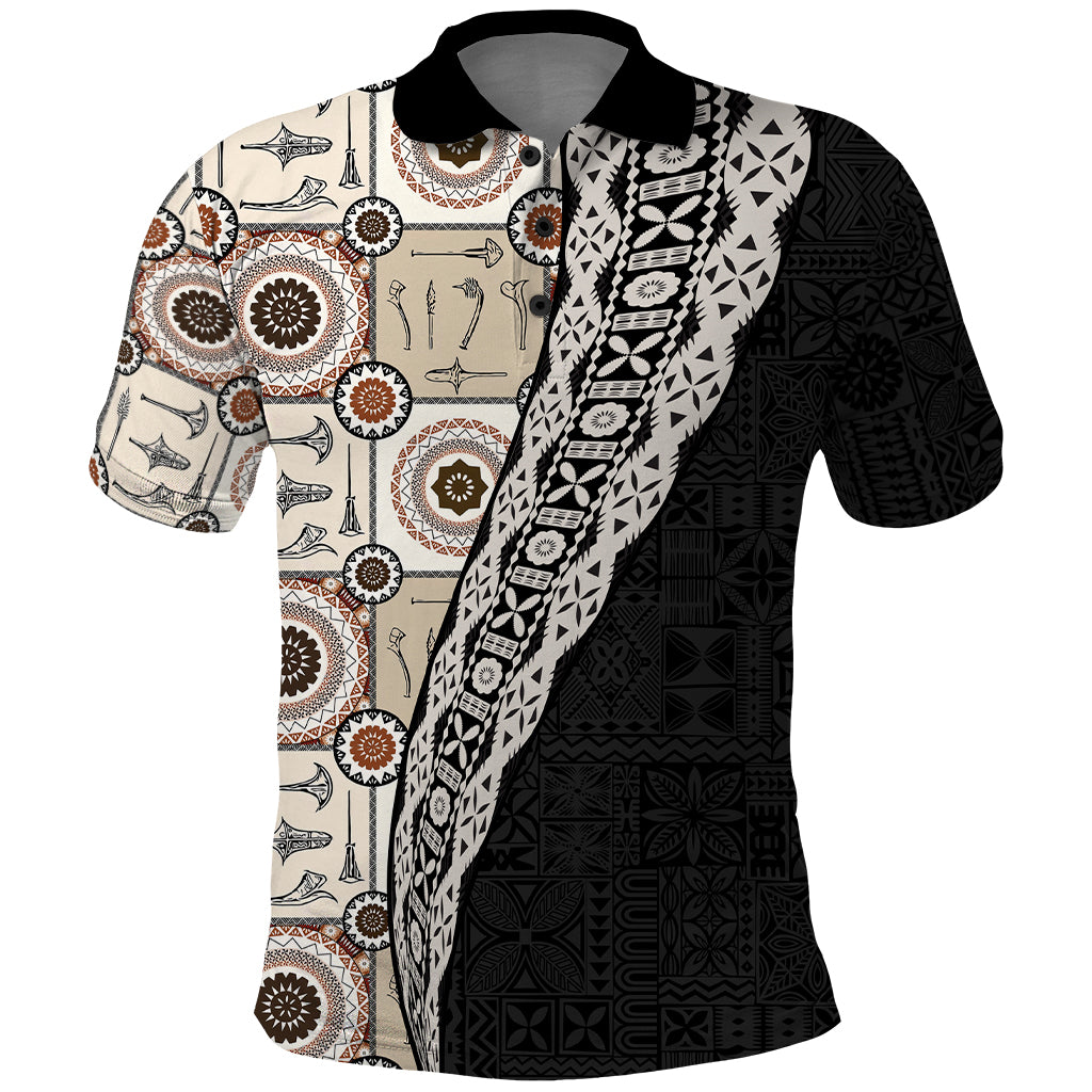 Tukenny Pattern Fijian War Clubs Mix Tapa Tribal Polo Shirt LT03 Beige - Polynesian Pride