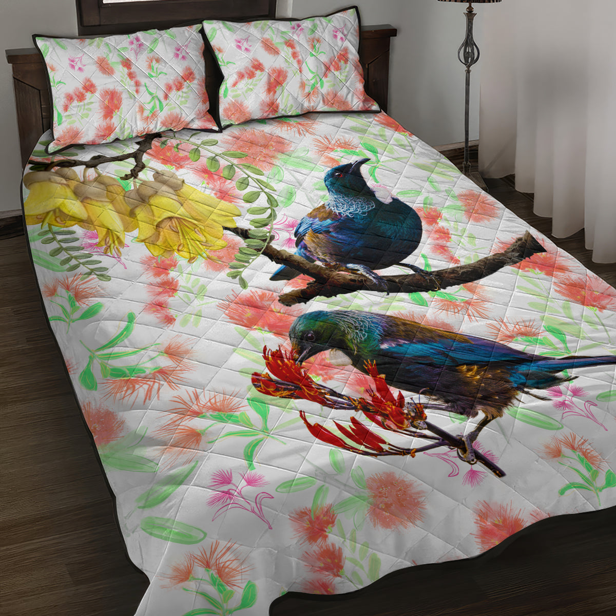 New Zealand Pohutukawa Tui Bird Quilt Bed Set Kowhai Version LT03 White - Polynesian Pride