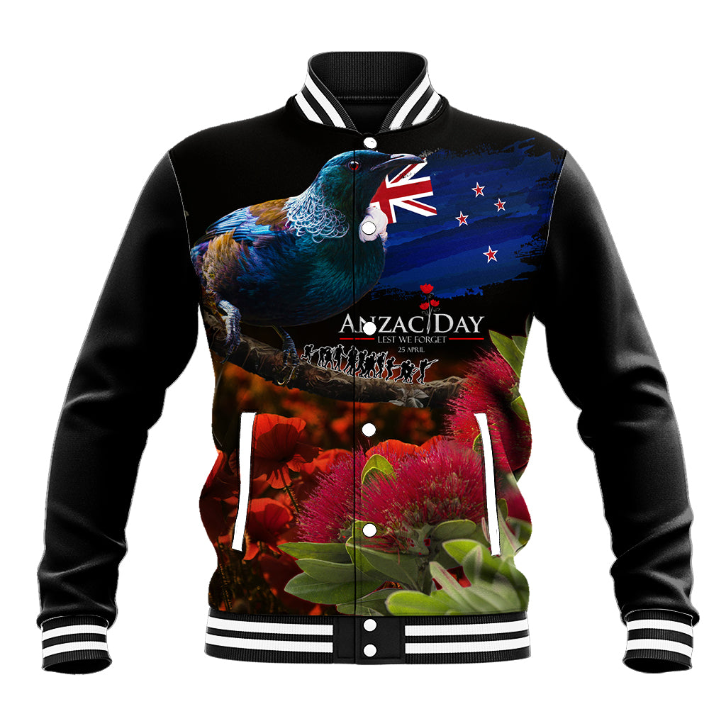 New Zealand ANZAC Day Baseball Jacket Pohutukawa Flower and Tui Bird LT03 Unisex Black - Polynesian Pride