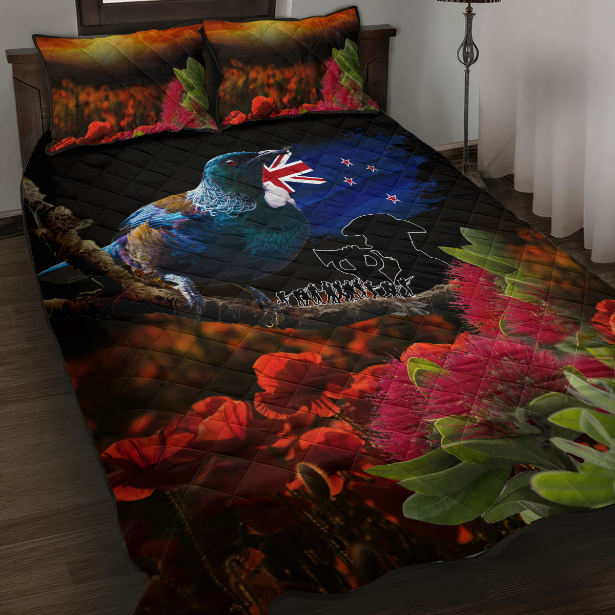 New Zealand ANZAC Day Quilt Bed Set Pohutukawa Flower and Tui Bird LT03 Black - Polynesian Pride