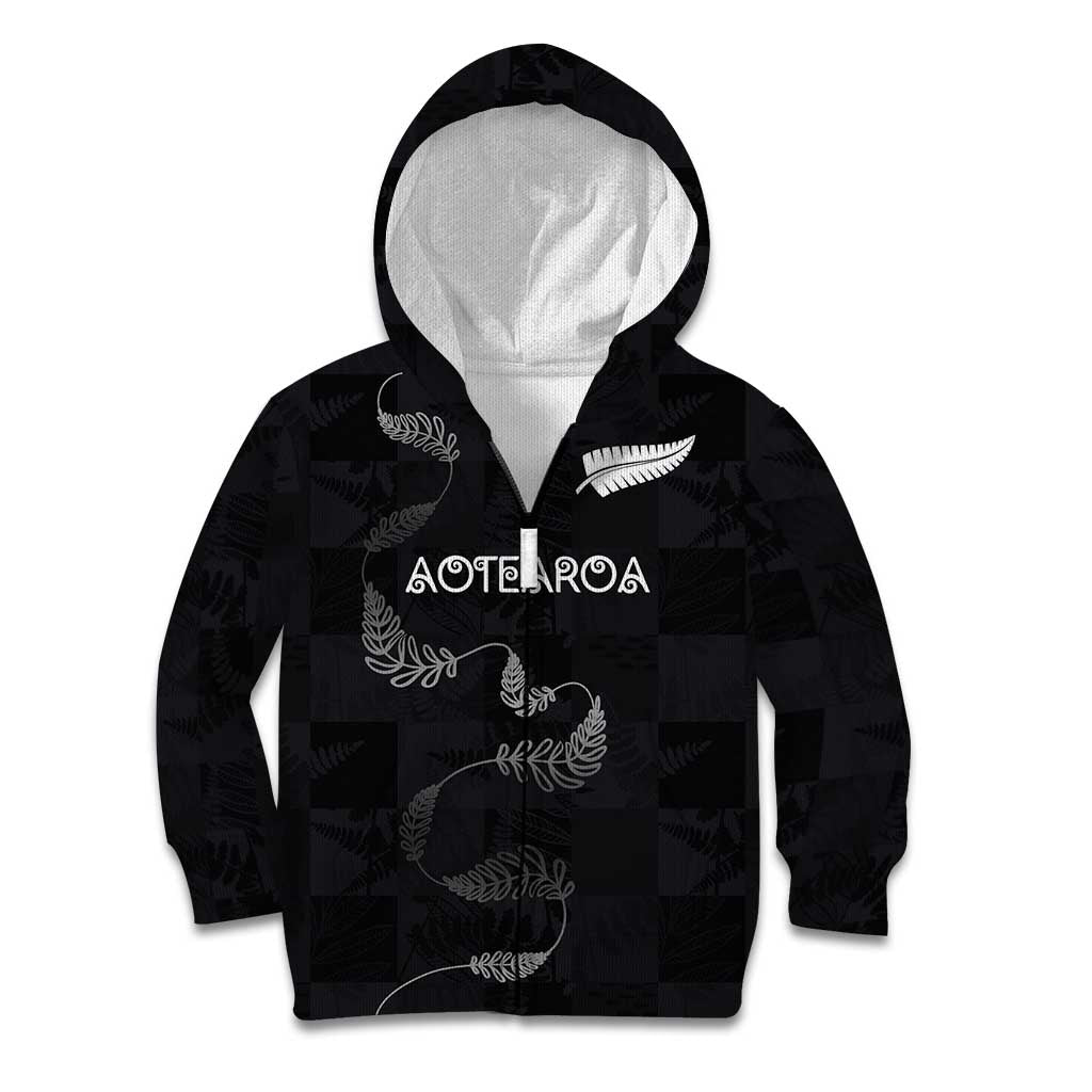 Custom New Zealand Rugby Kid Hoodie All Silver Ferns Blacks LT03 Zip Hoodie Black - Polynesian Pride