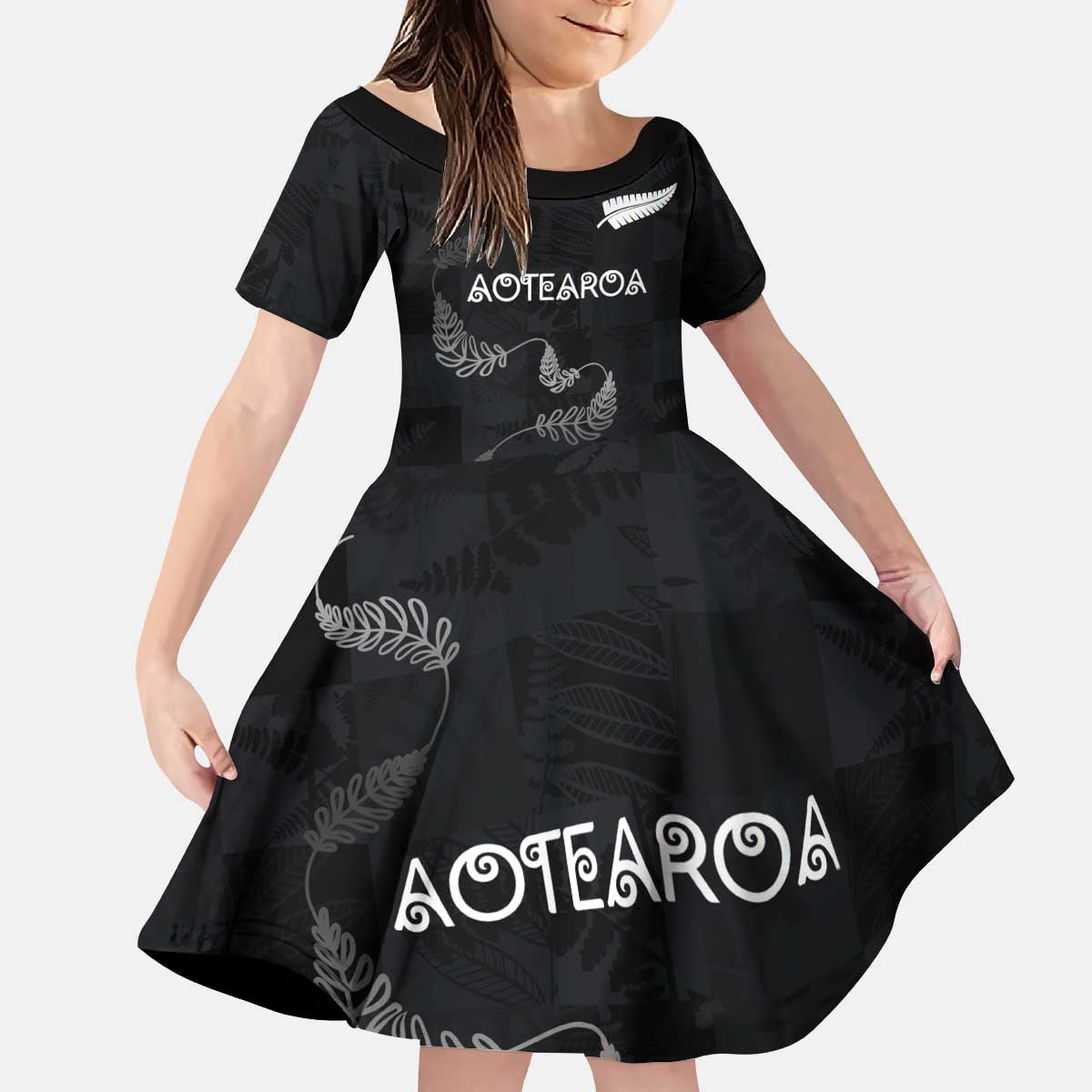 Custom New Zealand Rugby Kid Short Sleeve Dress All Silver Ferns Blacks LT03 KID Black - Polynesian Pride