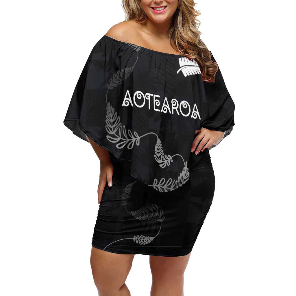 Custom New Zealand Rugby Off Shoulder Short Dress All Silver Ferns Blacks LT03 Women Black - Polynesian Pride