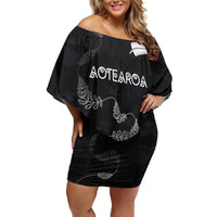 Custom New Zealand Rugby Off Shoulder Short Dress All Silver Ferns Blacks LT03 Women Black - Polynesian Pride