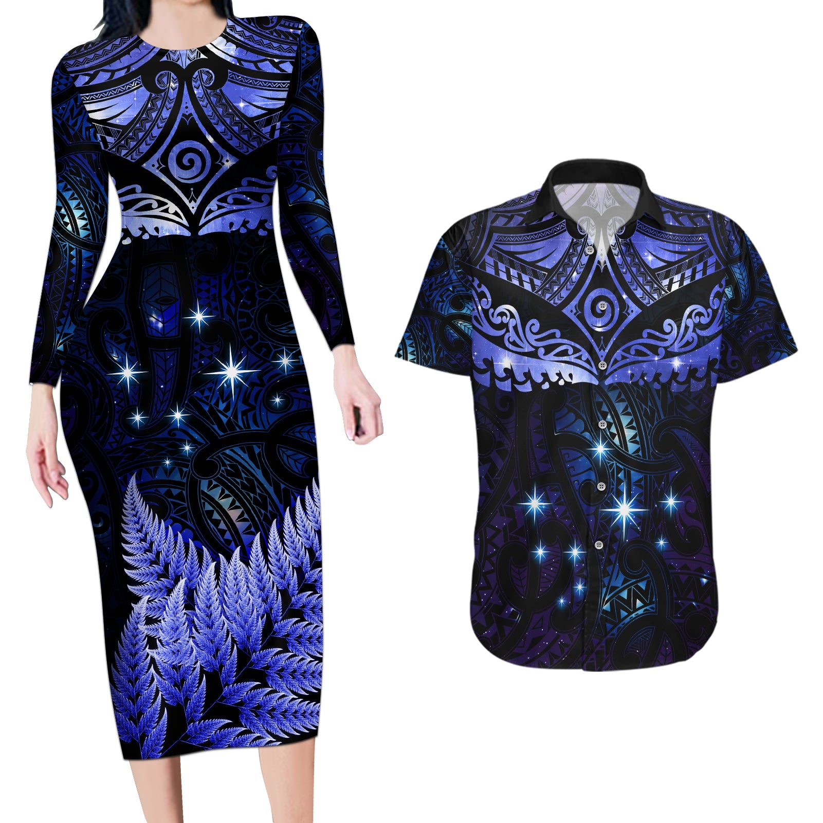 New Zealand Matariki Couples Matching Long Sleeve Bodycon Dress and Hawaiian Shirt Maori Pattern and Matariki Sky Night